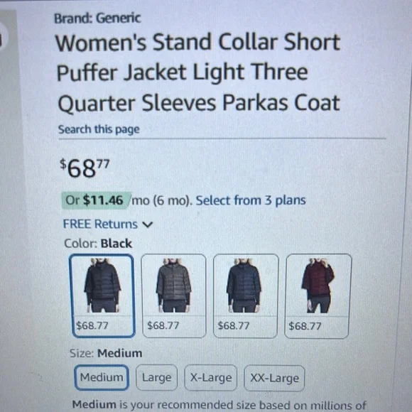 Women's 3/4 Sleeve Black Puffer Jacket - Picture 5 of 6